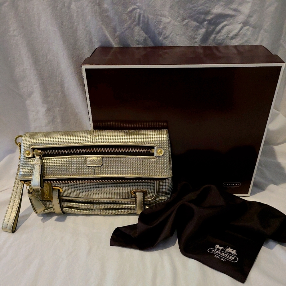 Coach Gold Textured Moto Clutch Brand New in Box